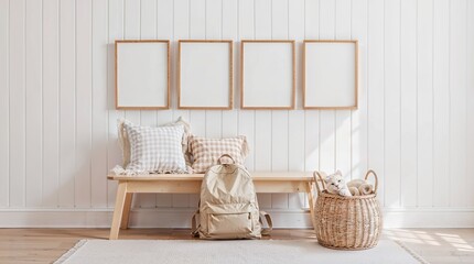 minimalist and cozy interior design style. The layout features a light-colored, vertically paneled wall with four framed artworks arranged in a grid pattern.  
