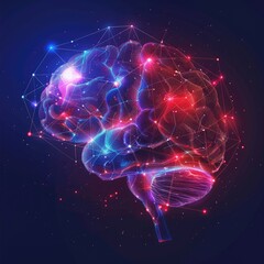 An image of the human brain in the form of a growing neural network with bright neon lines on a dark background. The concept of technology and neuroscience.