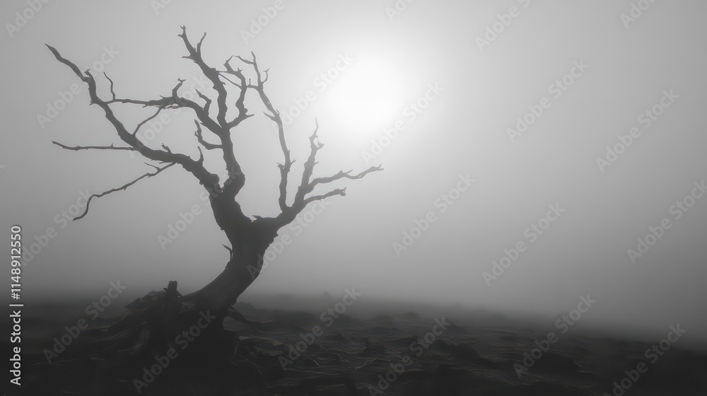 Aufkleber a barren, leafless tree stands alone in a dense fog, sunlight faintly visible behind it.