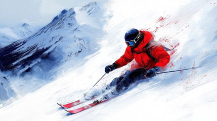 Downhill Speed Demon: A dynamic image of a skier carving through fresh powder on a snowy mountain slope. The vibrant red jacket contrasts against the snowy landscape.