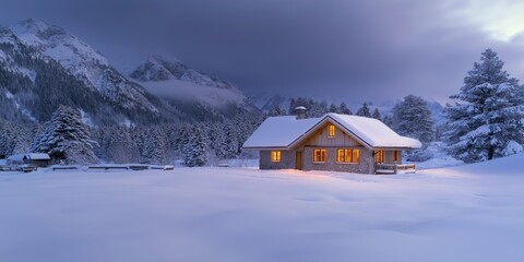 Fototapeta premium Snow-covered cottage in the mountains, with warm lights glowing from the windows, created by ai