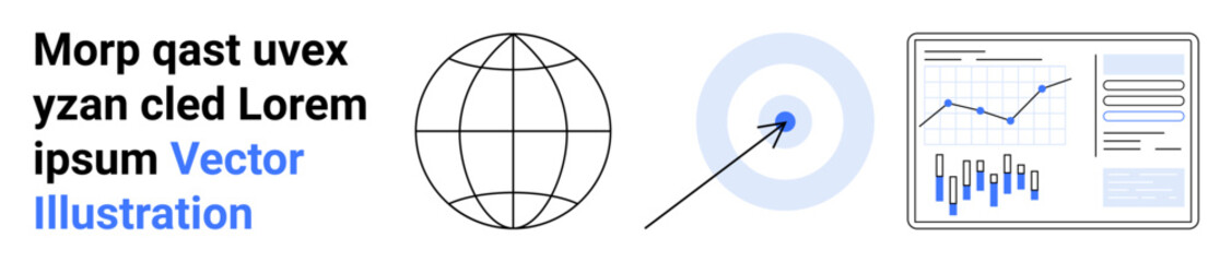 Globe for worldwide reach, target with arrow for goal setting, and graph for data analysis. Ideal for business planning, market research, global strategy, performance tracking, goal achievement, data