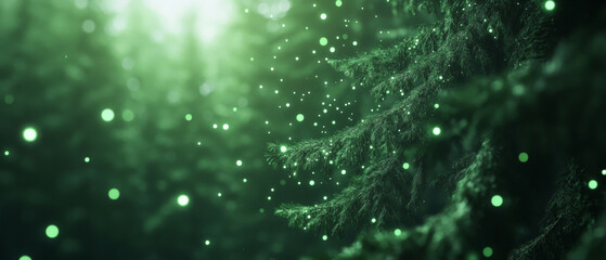 Lush green forest with sparkling particles creating magical atmosphere