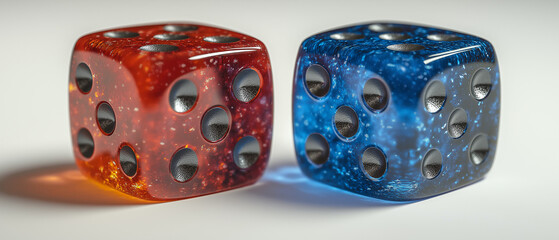 Red and Blue Dice: A captivating close-up of two translucent dice, one vibrant red and the other a deep blue, set against a neutral backdrop.