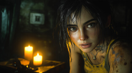 Resilient Woman in Candlelight: A close-up portrait of a young woman with a determined gaze, illuminated by the flickering light of candles in a dimly lit room, conveys resilience, courage.