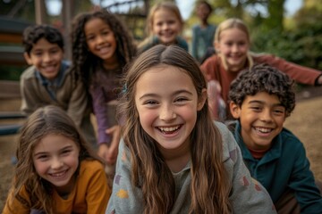 Fototapeta premium A group of happy children smiling brightly at the camera during an outdoor playtime.