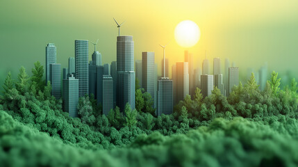 A City Embracing Nature: A miniature cityscape rises from a lush, green landscape, bathed in the warm glow of a setting sun.  A vision of urban renewal.