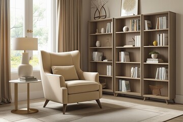 Beige Armchair and Bookshelf: Cozy Modern Furniture for Interior Spaces