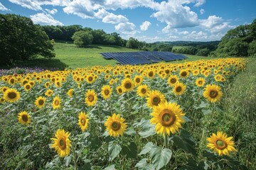 Solar panels amidst vibrant green sunflower field sustainable energy showcase countryside serenity nature's harmony