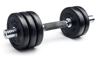 Fototapeta premium A pair of black dumbbell weights with chrome handles isolated on white background.