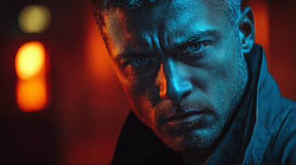 Fototapeta premium Intense Gaze: Man in Shadowy Setting 