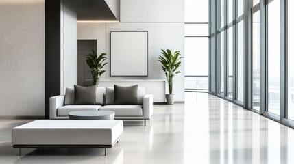 Fototapeta premium Modern minimalist lounge with sleek, clean decor. Featuring neutral tones and simple lines