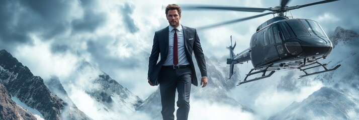 A confident businessman strides towards a helicopter as the sun sets beautifully