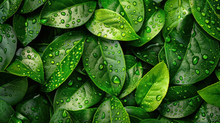 Fototapeta premium Fresh green tea leaves glistening with morning dew, close-up view with vibrant shades of green and soft natural lighting,