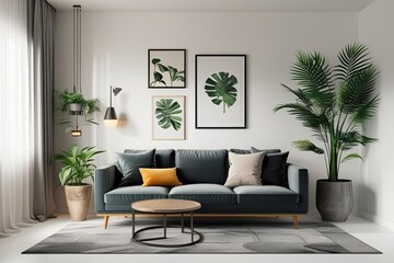 Contemporary Living Room Design Featuring Sofa and Plant on White Background