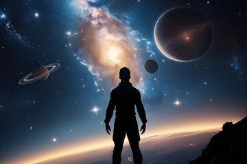 Obraz premium Silhouette of an Enlightened Being Exploring the Infinite Galaxy in a Journey of Self and Reflection