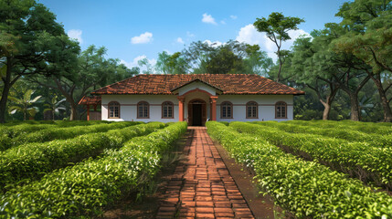 Historical tea gardens with colonial-style buildings surrounded by rows of tea bushes, evoking a sense of nostalgia,