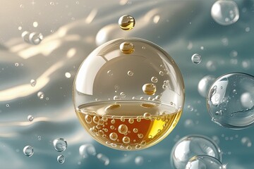 Molcular Biology in Skincare Science: 3D Model of a Floating Bubble with Pure Essence Oil