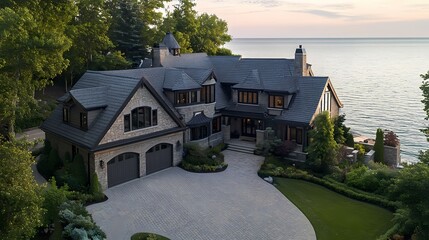 Aerial view of the exterior of a large luxury home with an attached garage on the Lake Michigan shore, in a scenic neighborhood with a driveway and landscaping