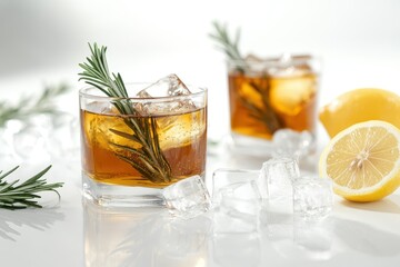 Cold lemon drink on a white table featuring iced tea or cocktail with ice and rosemary