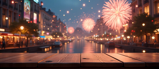A wooden table provides a view of a city skyline, alive with colorful fireworks in the night, generative ai