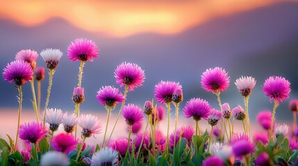   A field of pink and white flowers, bathed in a warm orange glow of the setting sun, stands out against the backdrop of the fading day's hues of purple and pink