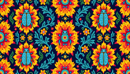 Stylized textile pattern of prismatic stink bugs with traditional Mexican Talavera motifs in bold colors
