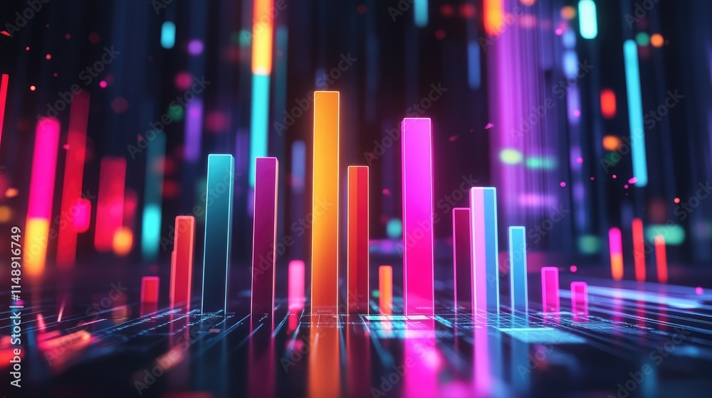 Poster vibrant abstract data visualization with colorful bar graphs and neon lights in a dynamic digital en