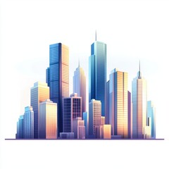 Obraz premium A vibrant city skyline illustration featuring modern skyscrapers and a bright, colorful sunset ambiance.