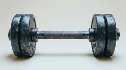 Fototapeta premium Close-up of a vintage, dark-grey metal dumbbell with textured plates and a worn handle, isolated on a light grey background.