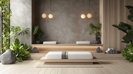 A serene wellness space featuring a massage table and lush greenery.