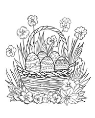 Easter basket with eggs and flowers, colouring book