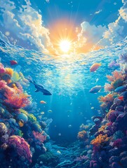 Fototapeta premium Underwater Paradise: A vibrant coral reef teeming with life, bathed in the golden glow of the rising sun. This stunning underwater scene captures the beauty and tranquility of the ocean's depths. 
