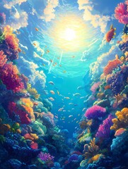 Fototapeta premium Vibrant Coral Reef Paradise: Sunlit ocean depths teeming with colorful coral, diverse fish, and a breathtaking underwater vista. A digital painting of an idyllic marine ecosystem. 