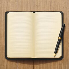 An open notebook lies on a wooden table beside a sleek black pen, inviting creativity and ideas.