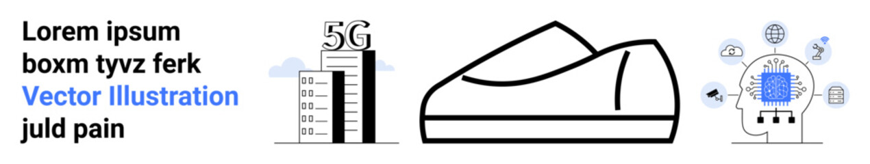 Smartphone tower with 5G signal, minimalist sneaker outline, human head with circuit board and AI connections. Ideal for technology services, innovation, advancements, AI, 5G, smart devices, digital