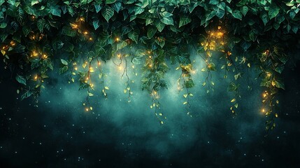 Fototapeta premium A lush tree, surrounded by vibrant green leaves, stands tall beneath a star-studded, illuminated sky