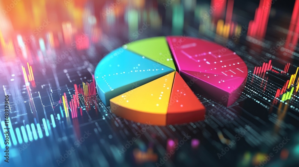 Poster colorful pie chart on digital background with data visualizations and graphs representing market tre