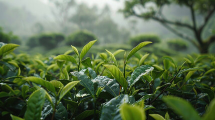 Obraz premium Rare tea leaves growing on ancient tea trees, their thick branches adding to the mystical ambiance,