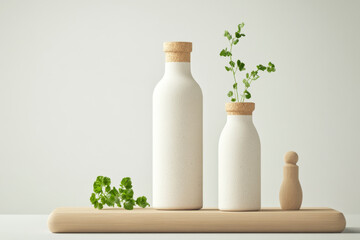 Minimalist ceramic bottles with cork lids and greenery