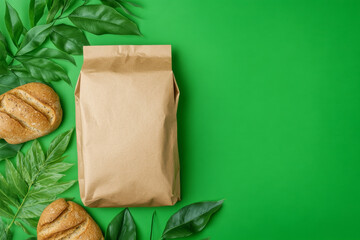 Brown paper bag with bread on green background