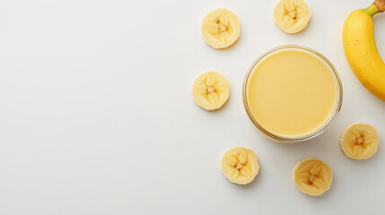 Banana shake in a clear jar with fresh banana slices arranged around it on a white surface