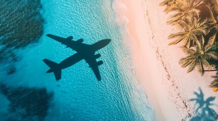 Aerial view of airplane shadow flying over a tropical beach with blue water and palm trees, travel concept banner