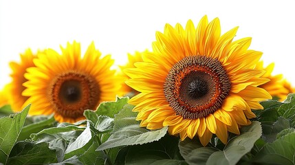 Fototapeta premium Sunflowers with green leaves in the foreground against a white sky background
