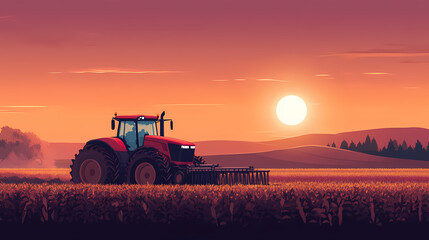 Fototapeta premium A tractor plows a field at sunset. this photo depicts the hard work and dedication of farmers, and can be used in agricultural articles or marketing campaigns. Wrought. Illustration