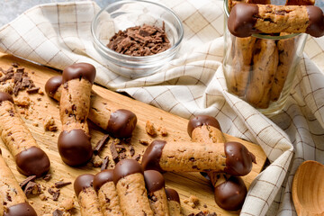 Sticks shortbread dipped in chocolate. Home made cookies.