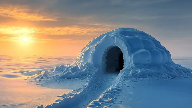 A snow igloo stands on a vast frozen landscape under a setting sun.