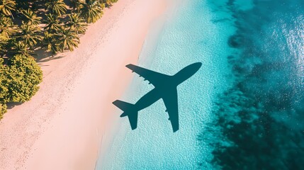 Aerial view of airplane shadow flying over a tropical beach with blue water and palm trees, travel concept banner