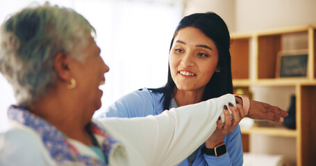 Happy woman, nurse and stretching with elderly patient for physiotherapy, physical activity or support at old age home. Female person, caregiver or helper with senior client for warm up or exercise