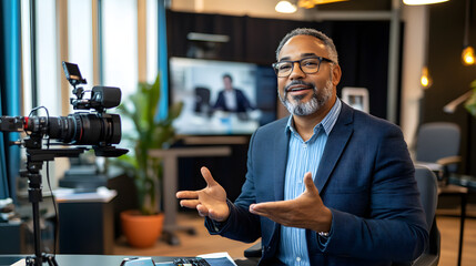 A mature businessman sits in an office, passionately presenting to a camera.  He's engaged and speaks with animated gestures, creating a dynamic and professional atmosphere.